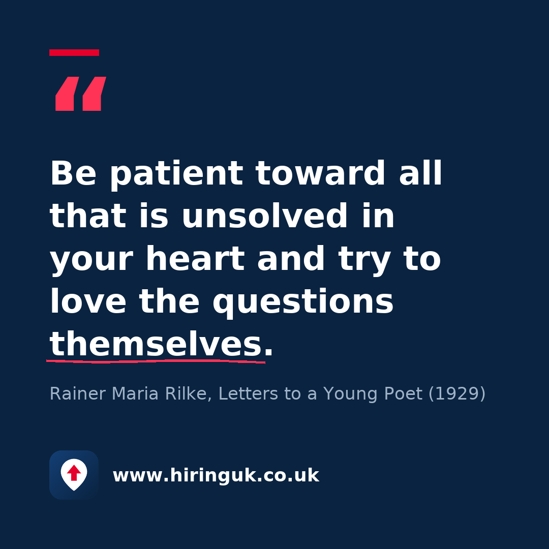 Quote card: Be patient toward all that is unsolved in your heart and try to love the questions themselves.