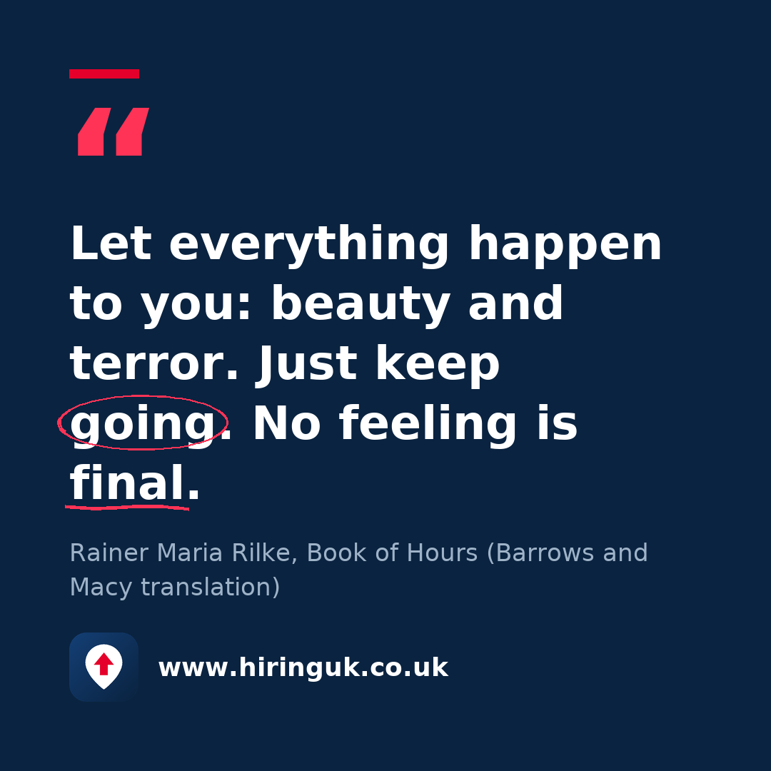 Quote card: Let everything happen to you: beauty and terror. Just keep going. No feeling is final.