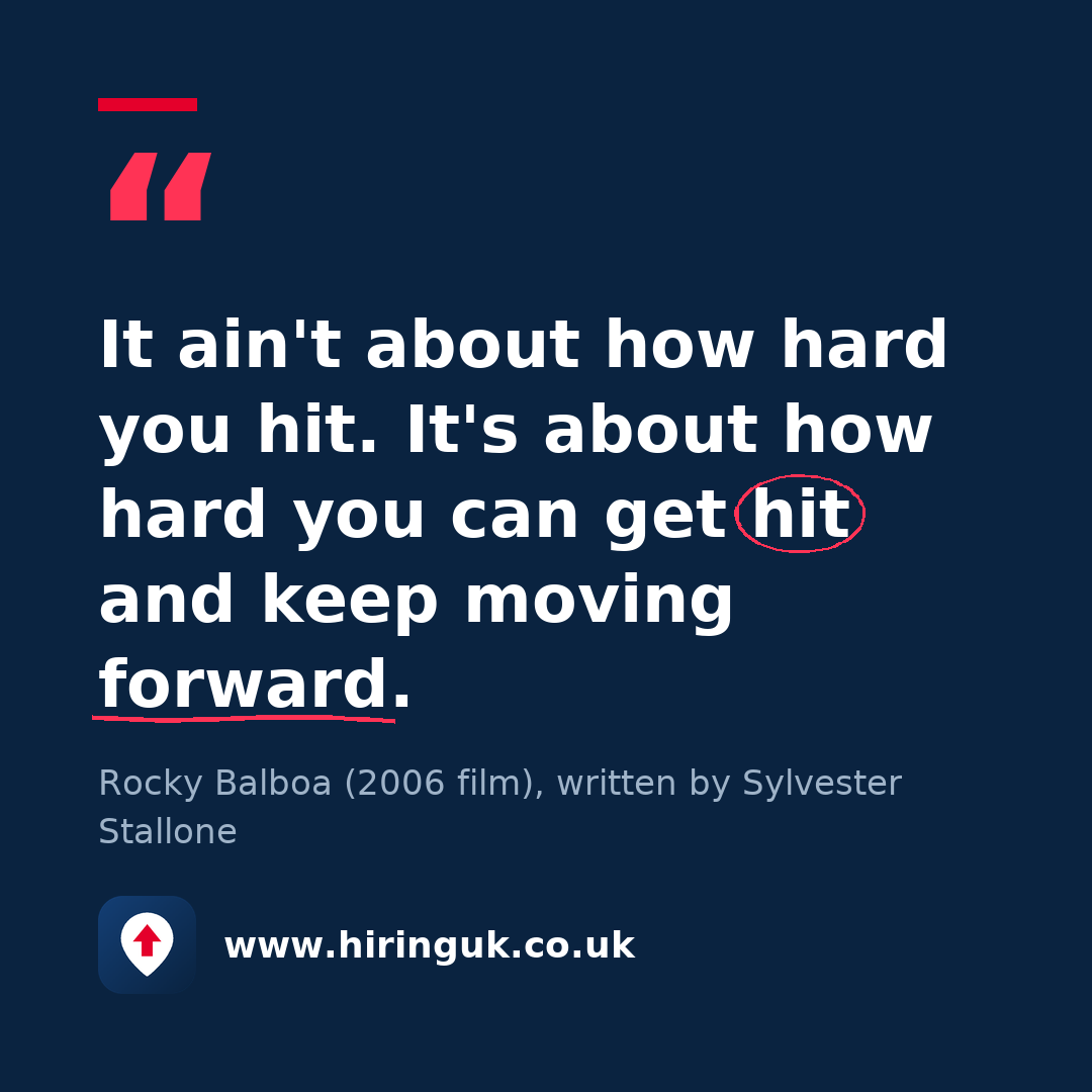Quote card: It ain't about how hard you hit. It's about how hard you can get hit and keep moving forward.