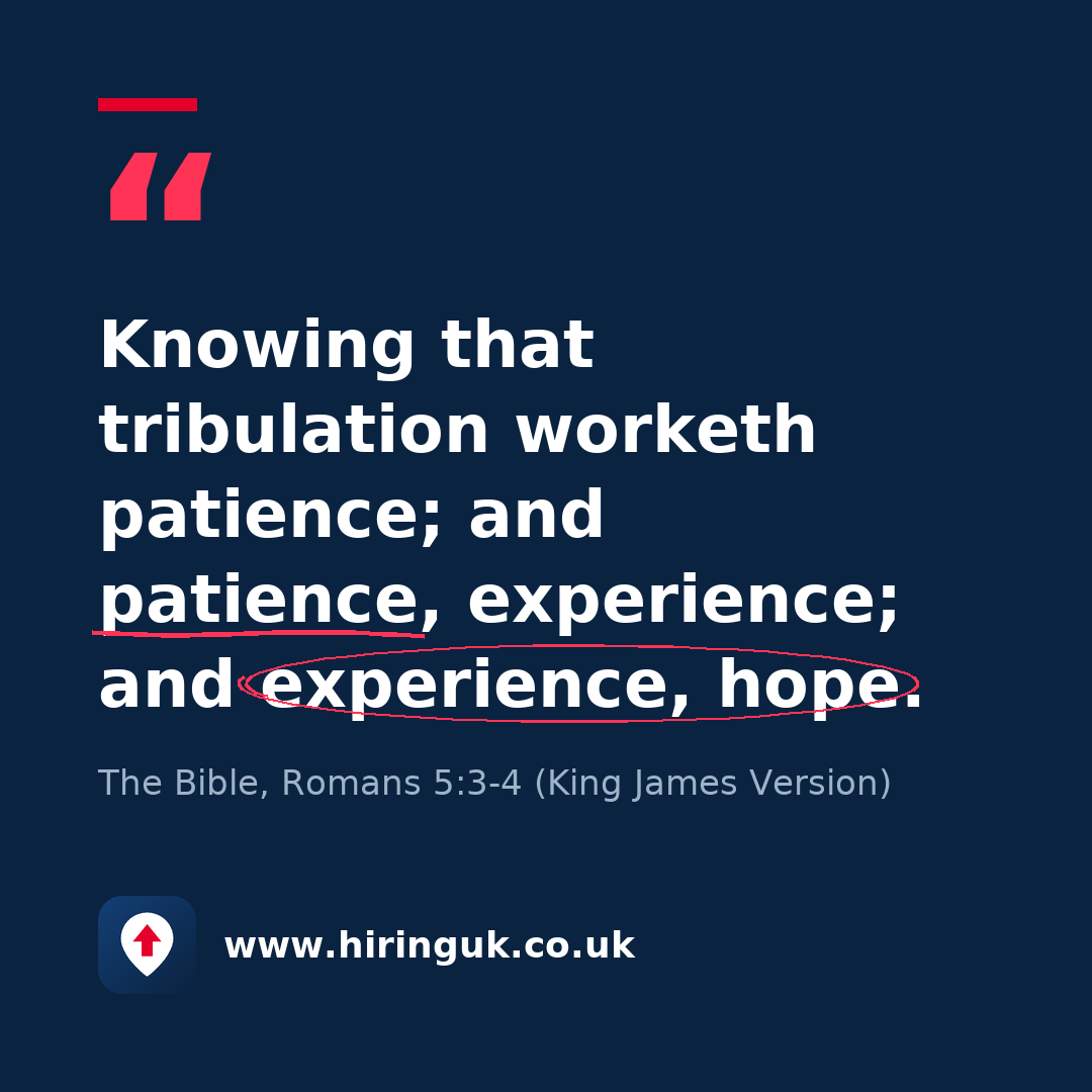 Quote card: Knowing that tribulation worketh patience; and patience, experience; and experience, hope.