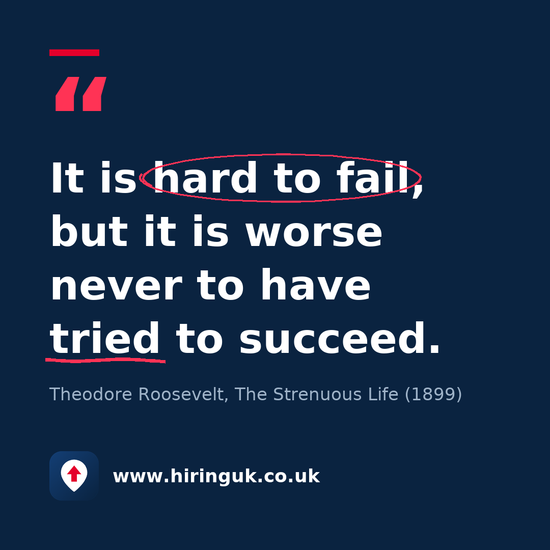 Quote card: It is hard to fail, but it is worse never to have tried to succeed.
