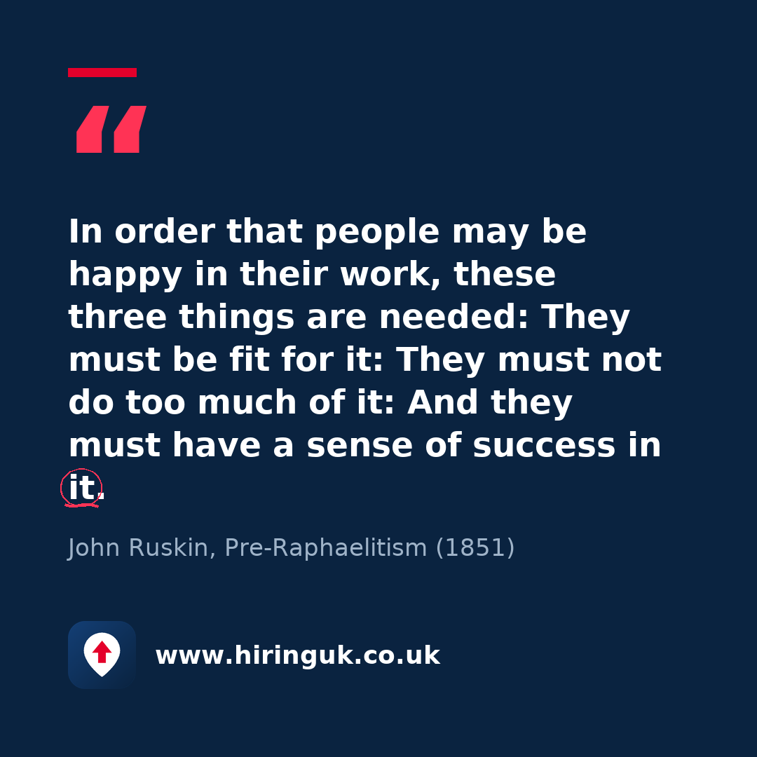 Quote card: In order that people may be happy in their work, these three things are needed: They must be fit for it: They must not do too much of it: And they must have a sense of success in it.
