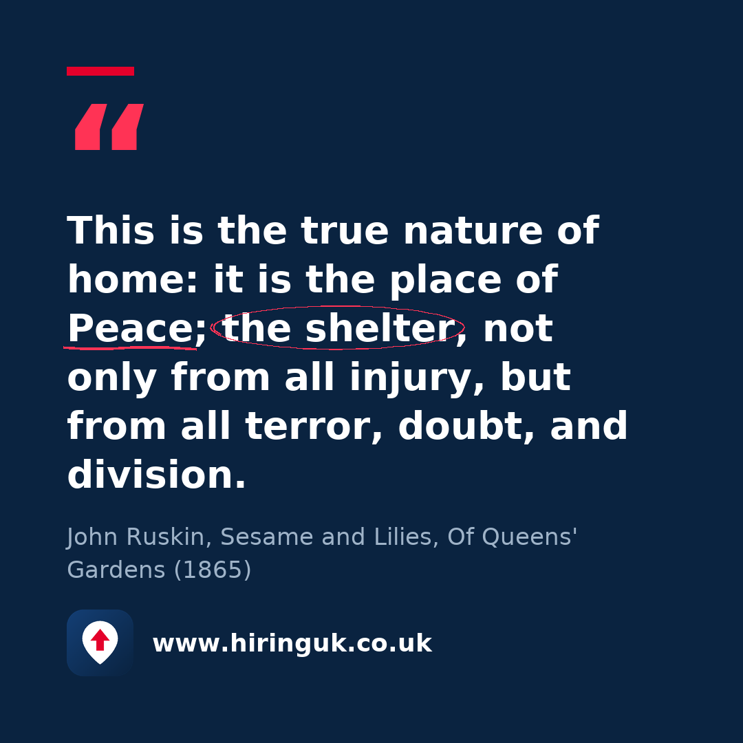 Quote card: This is the true nature of home: it is the place of Peace; the shelter, not only from all injury, but from all terror, doubt, and division.