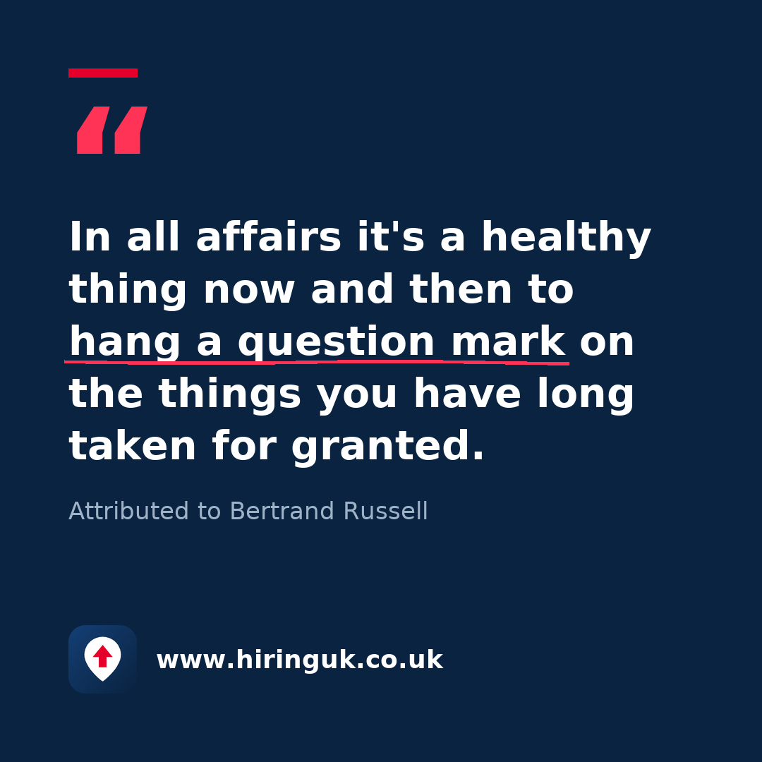 Quote card: In all affairs it's a healthy thing now and then to hang a question mark on the things you have long taken for granted.