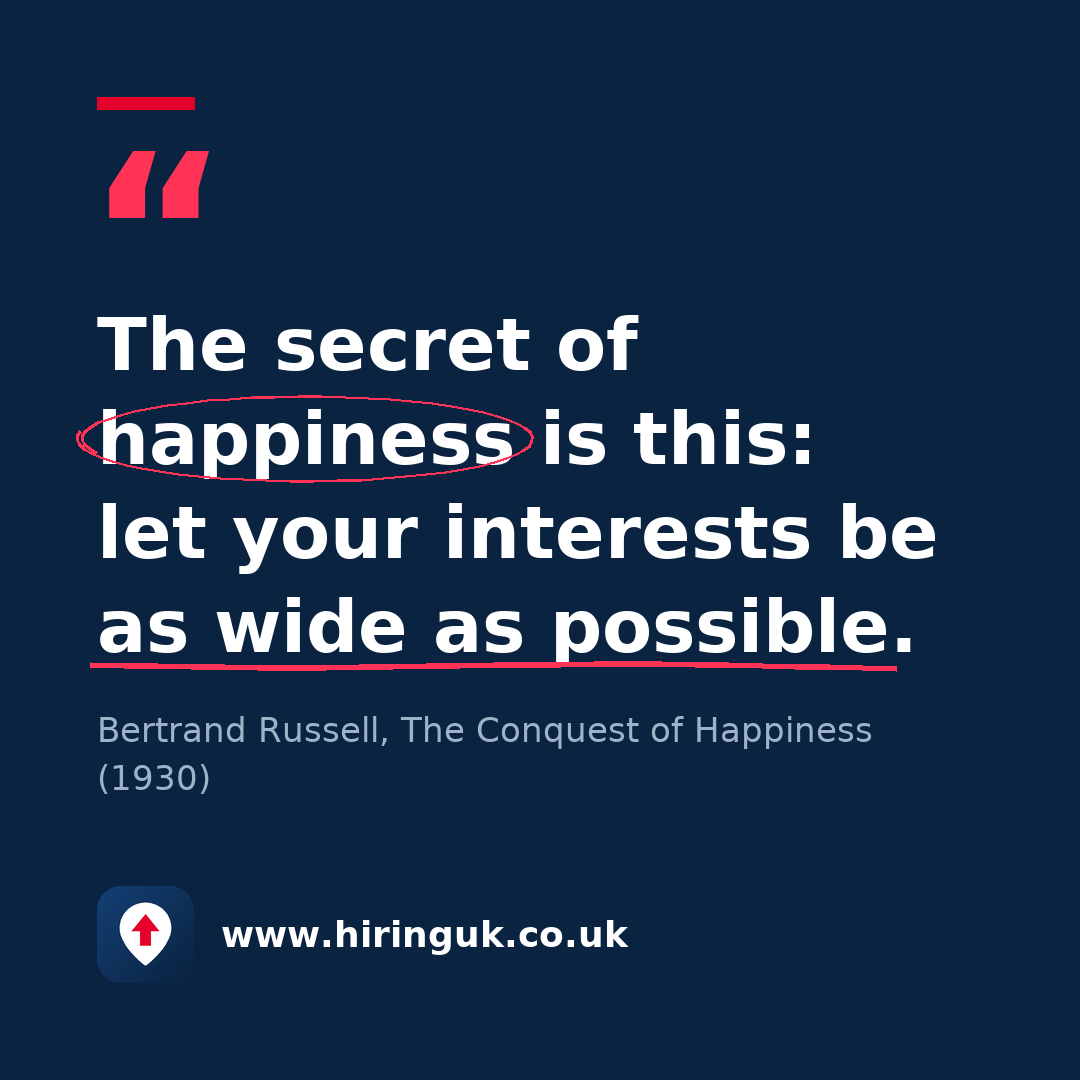 Quote card: The secret of happiness is this: let your interests be as wide as possible.
