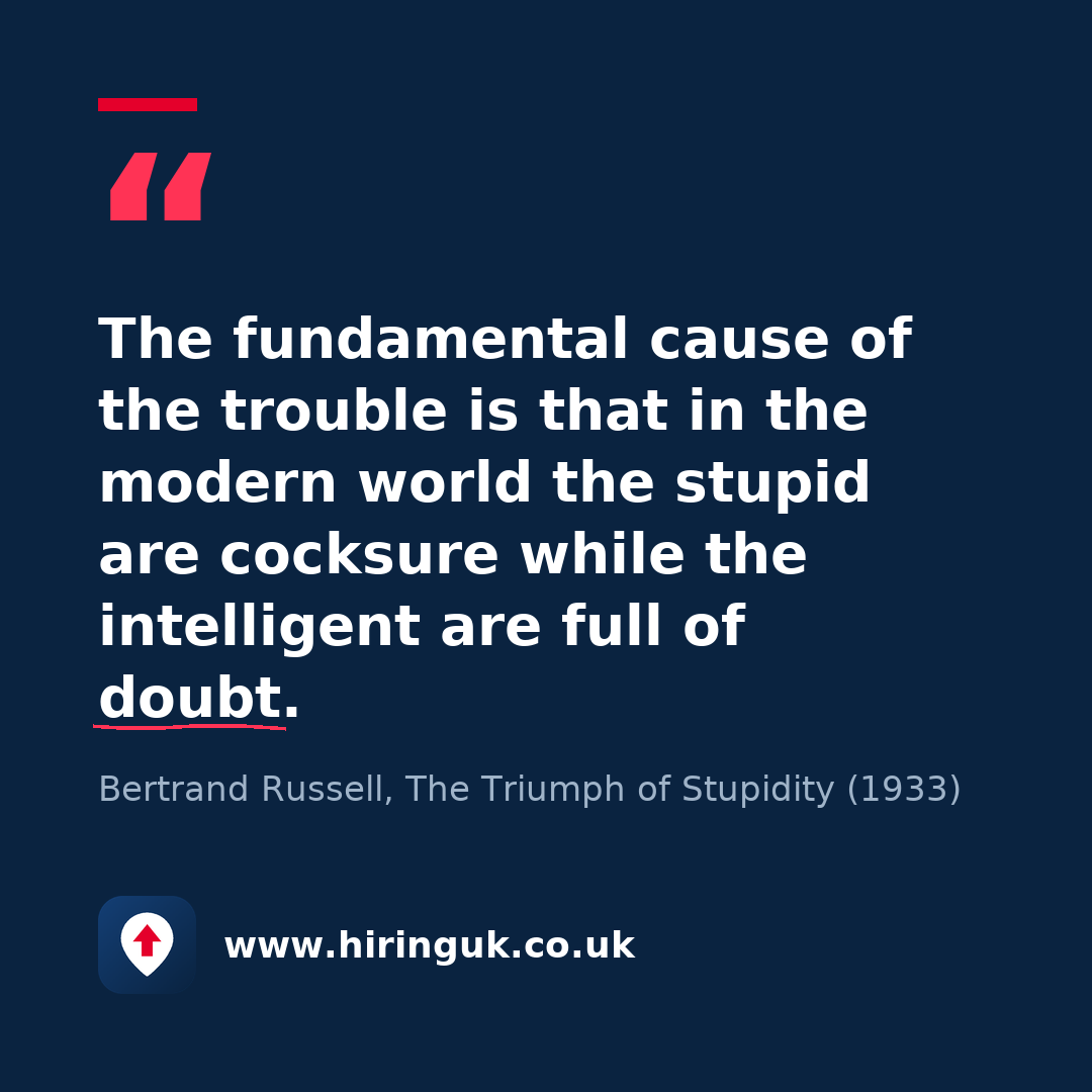 Quote card: The fundamental cause of the trouble is that in the modern world the stupid are cocksure while the intelligent are full of doubt.
