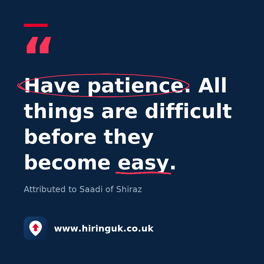 Quote card: Have patience. All things are difficult before they become easy.