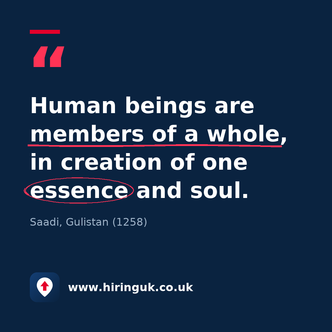 Quote card: Human beings are members of a whole, in creation of one essence and soul.