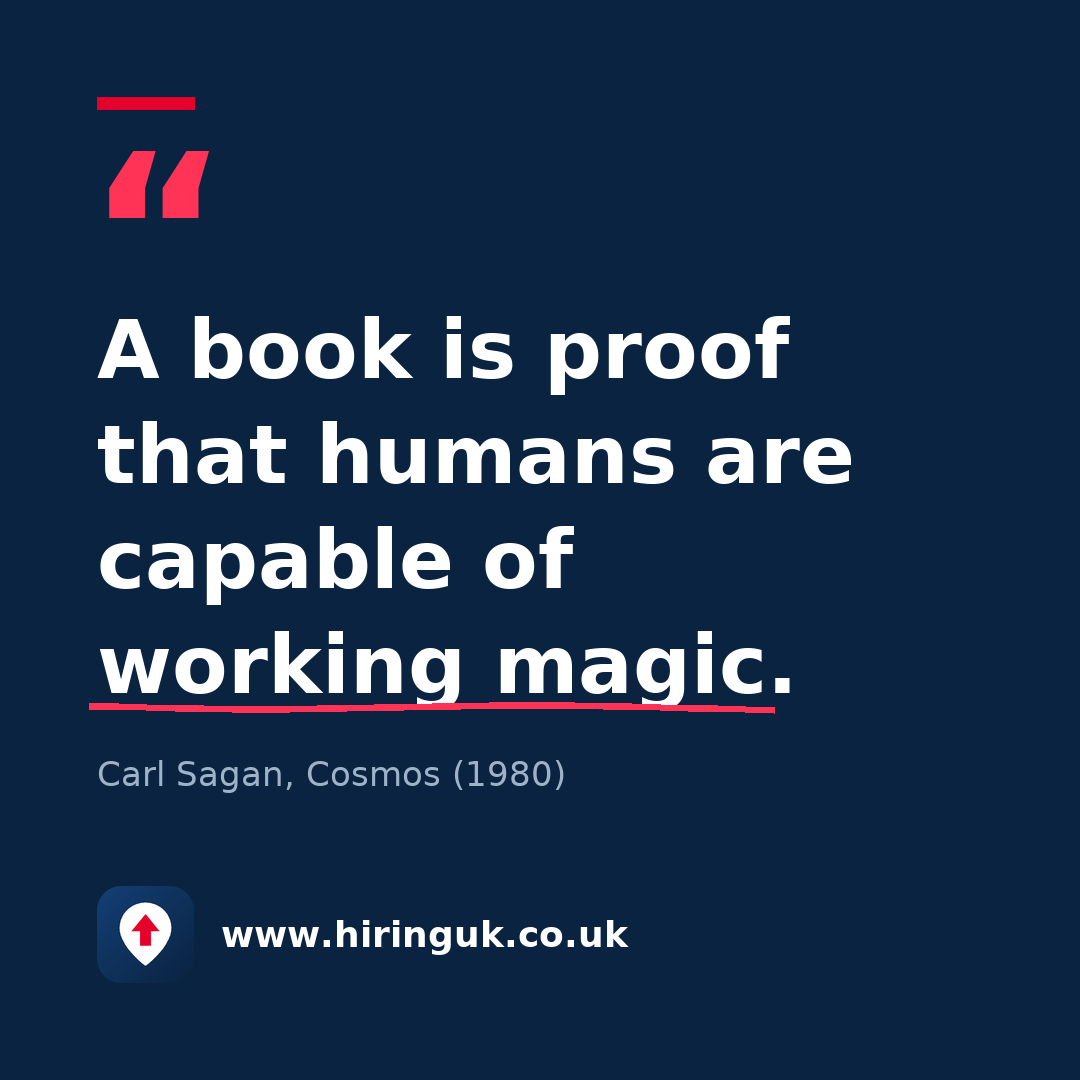 Quote card: A book is proof that humans are capable of working magic.