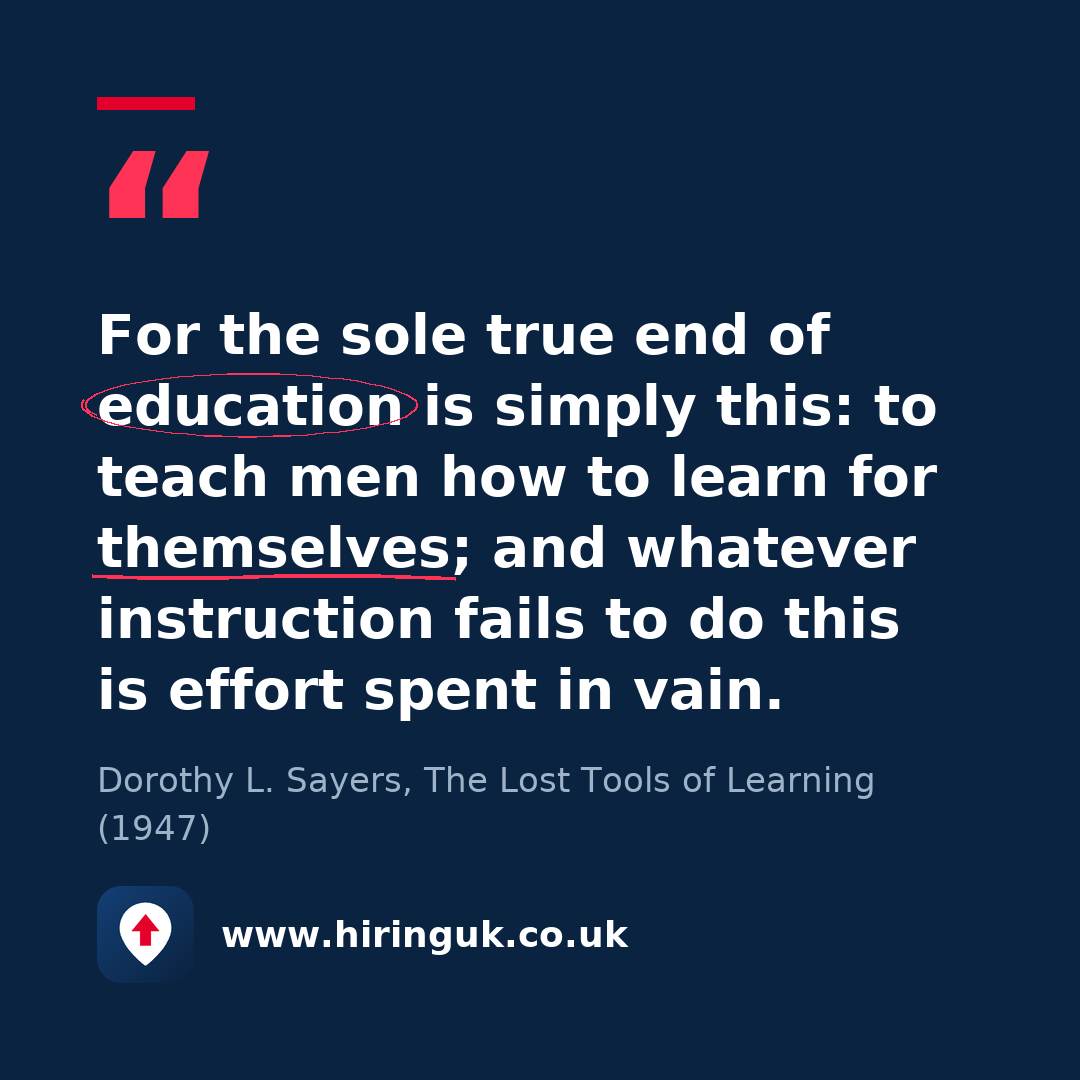 Quote card: For the sole true end of education is simply this: to teach men how to learn for themselves; and whatever instruction fails to do this is effort spent in vain.