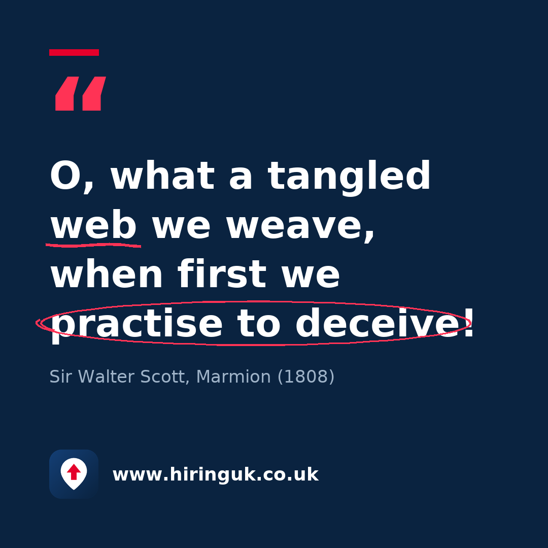 Quote card: O, what a tangled web we weave, when first we practise to deceive!