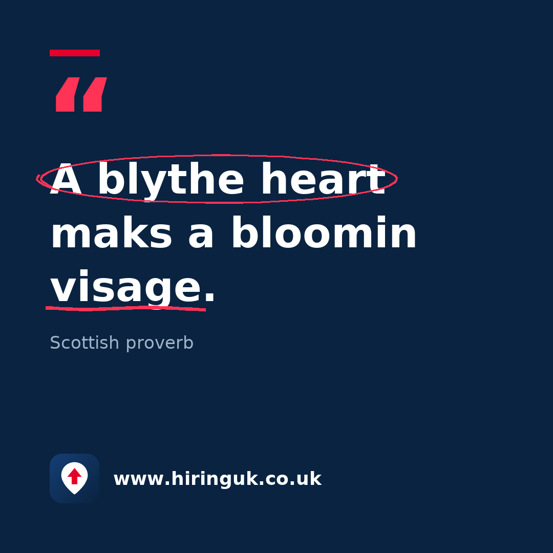 Quote card: A blythe heart maks a bloomin visage.
