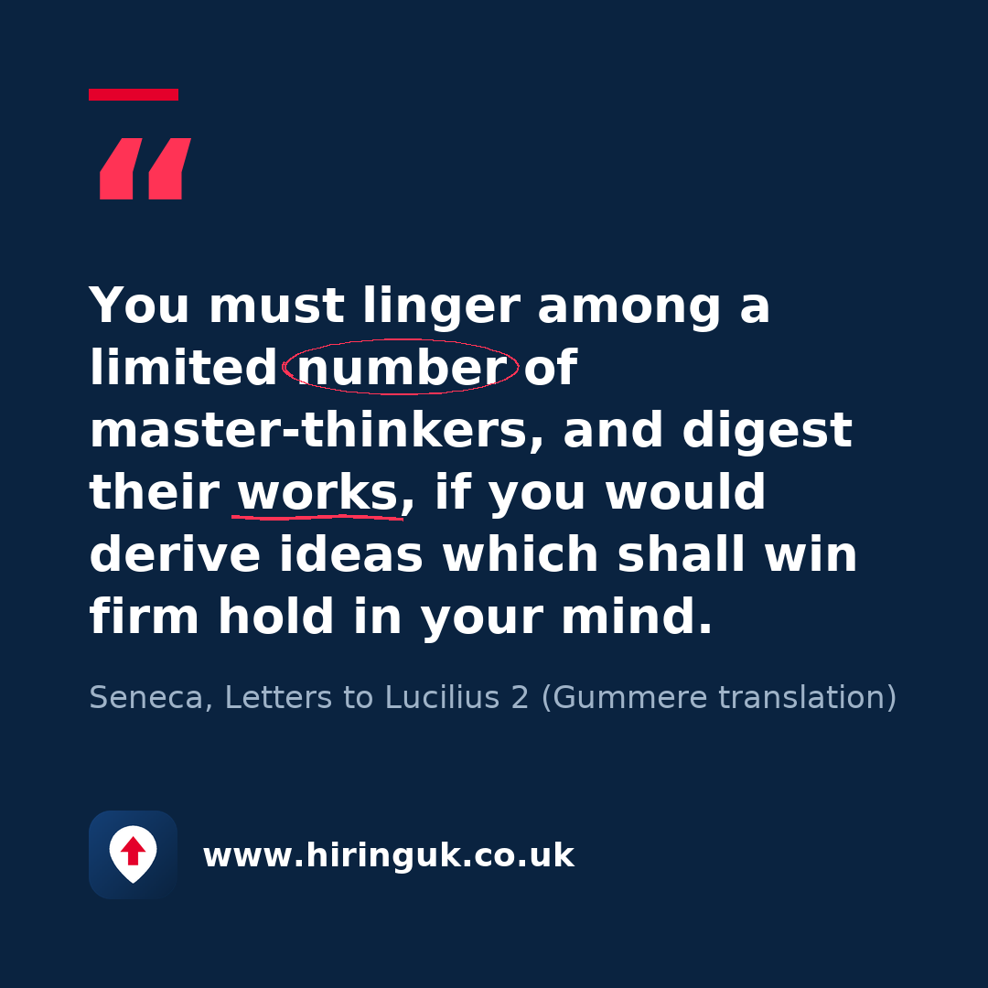 Quote card: You must linger among a limited number of master-thinkers, and digest their works, if you would derive ideas which shall win firm hold in your mind.