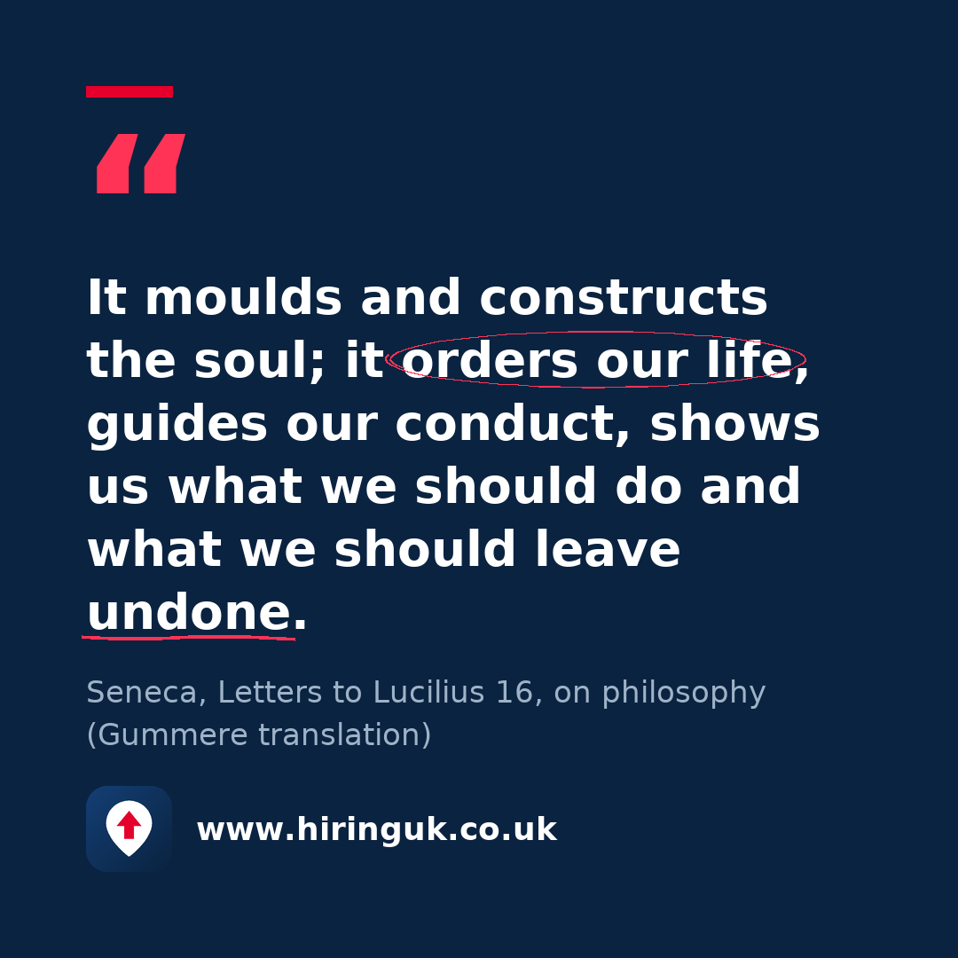 Quote card: It moulds and constructs the soul; it orders our life, guides our conduct, shows us what we should do and what we should leave undone.