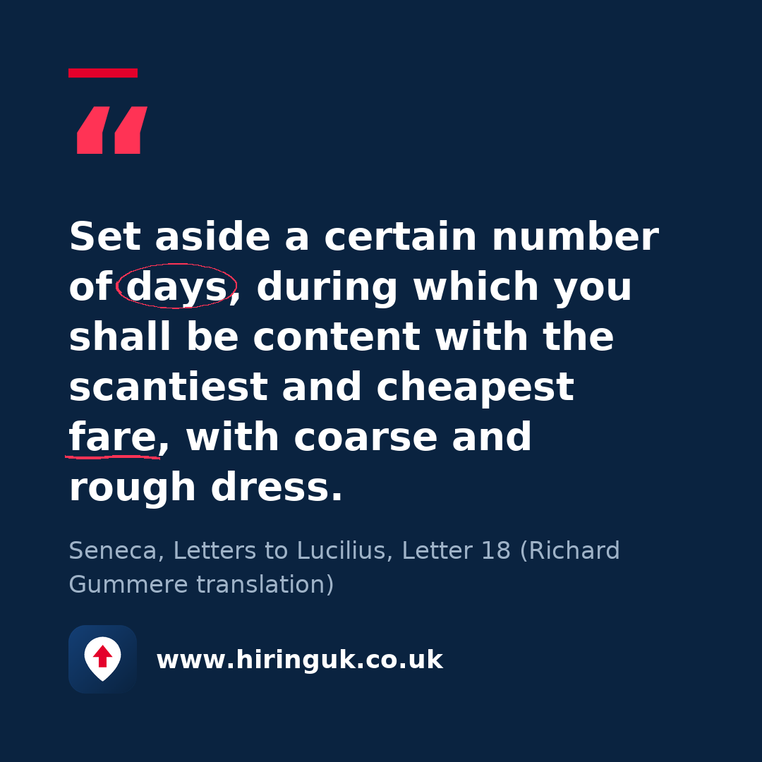 Quote card: Set aside a certain number of days, during which you shall be content with the scantiest and cheapest fare, with coarse and rough dress.