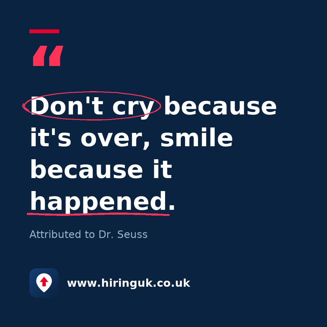 Quote card: Don't cry because it's over, smile because it happened.