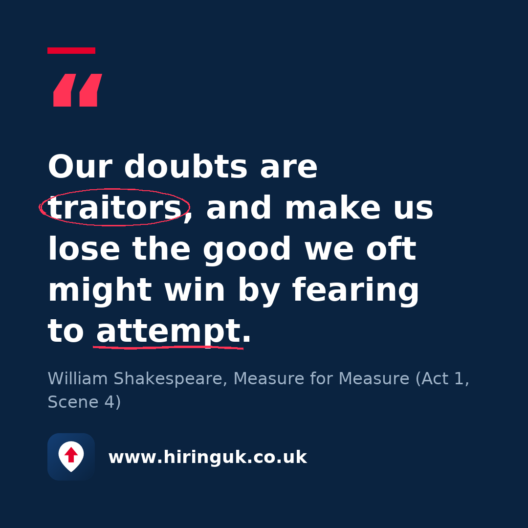 Quote card: Our doubts are traitors, and make us lose the good we oft might win by fearing to attempt.