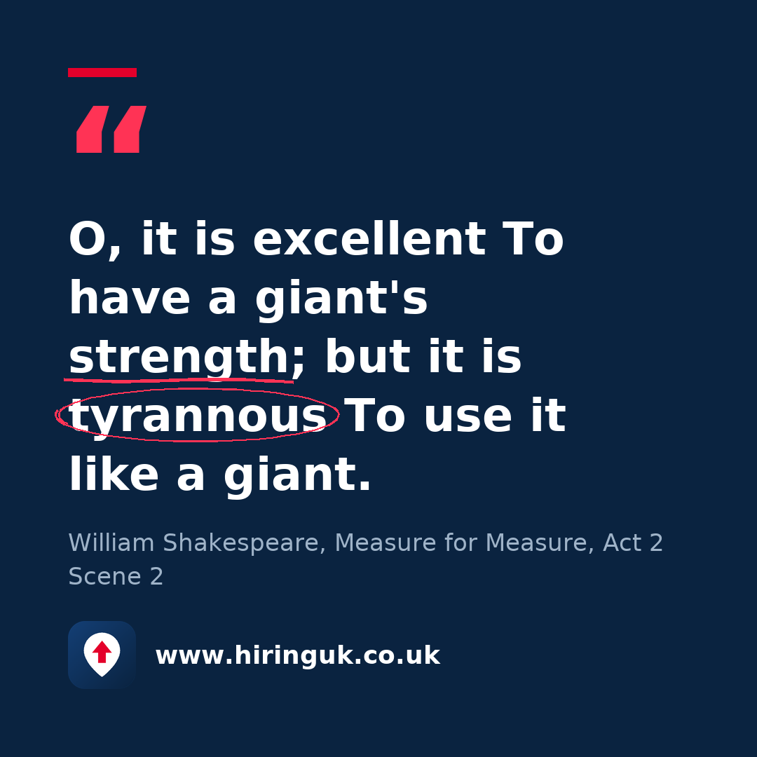 Quote card: O, it is excellent To have a giant's strength; but it is tyrannous To use it like a giant.