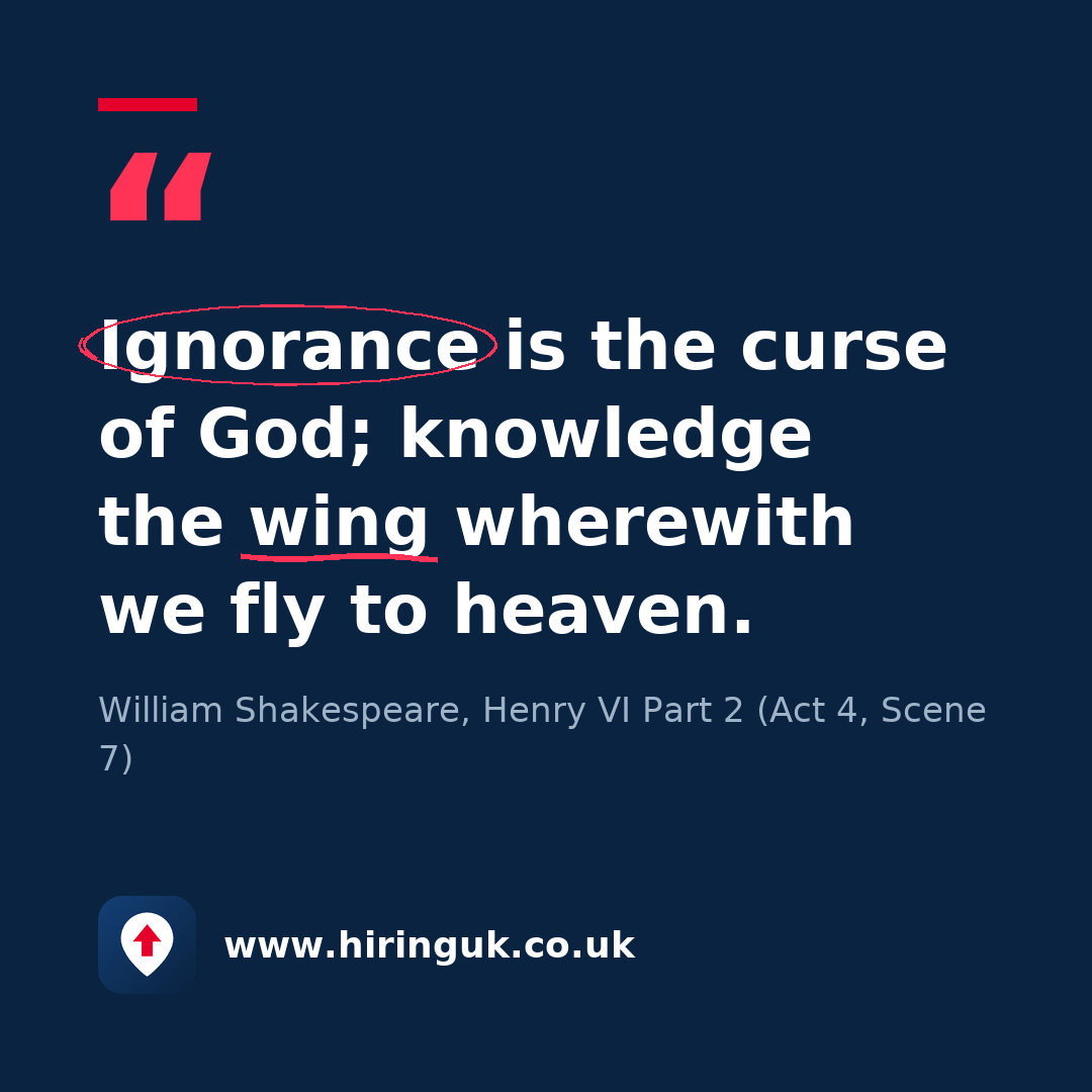 Quote card: Ignorance is the curse of God; knowledge the wing wherewith we fly to heaven.