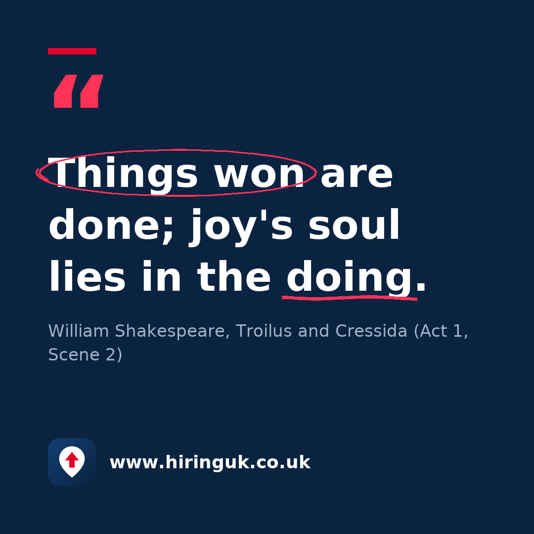 Quote card: Things won are done; joy's soul lies in the doing.