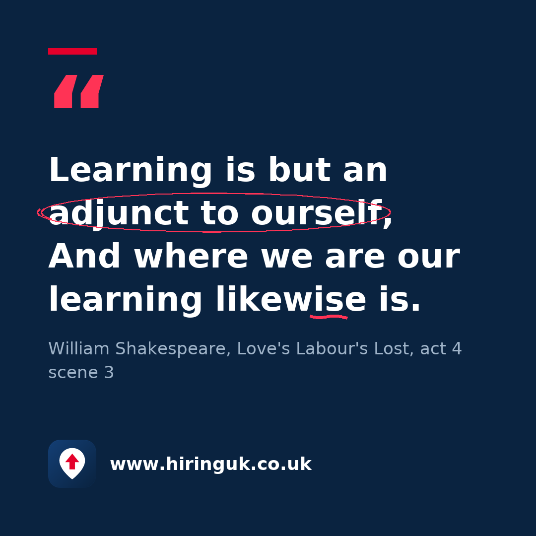 Quote card: Learning is but an adjunct to ourself, And where we are our learning likewise is.