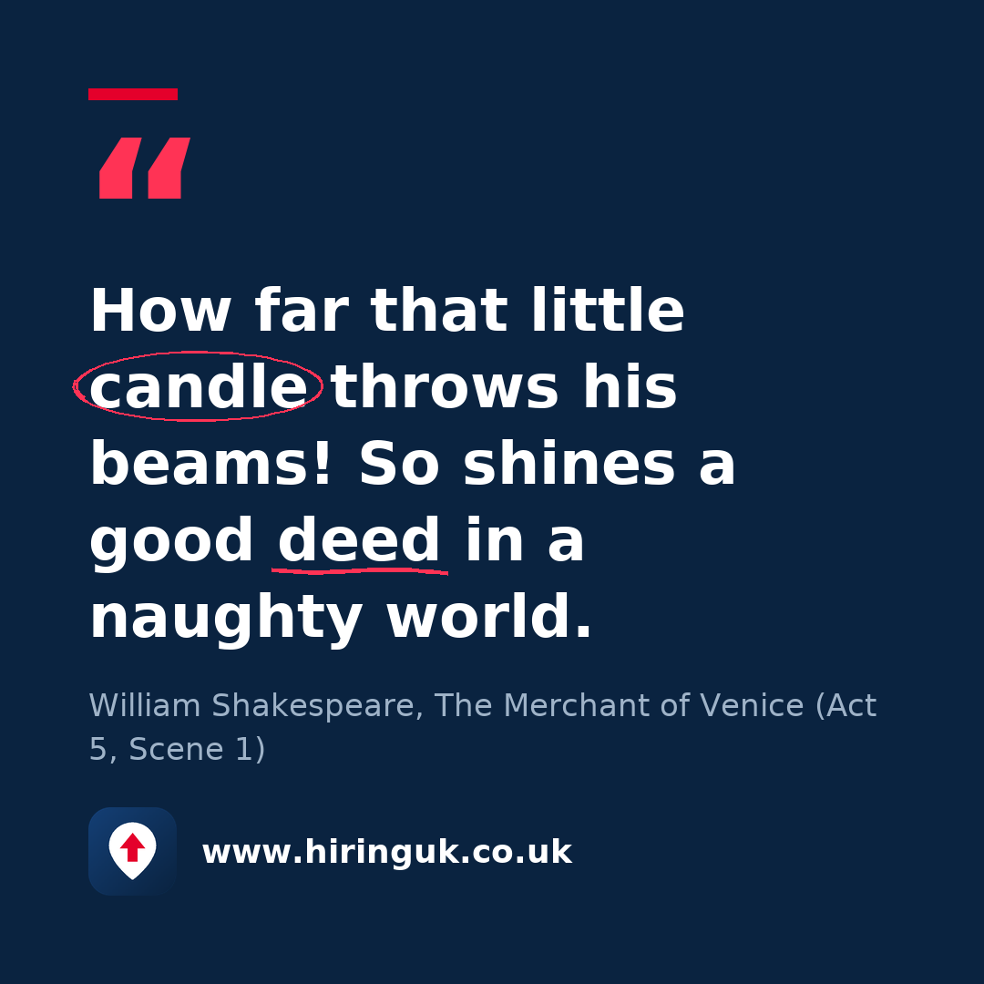 Quote card: How far that little candle throws his beams! So shines a good deed in a naughty world.