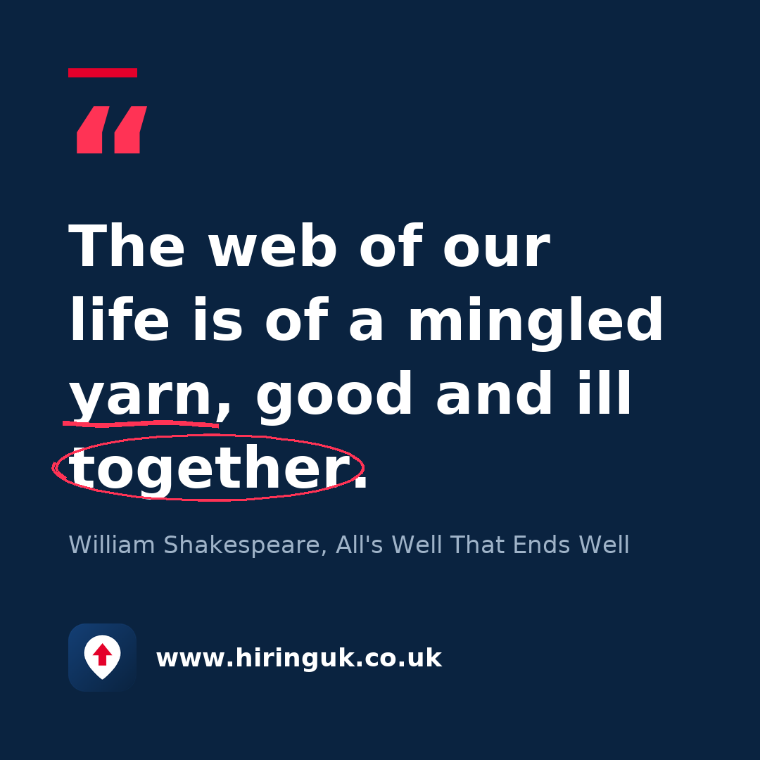 Quote card: The web of our life is of a mingled yarn, good and ill together.