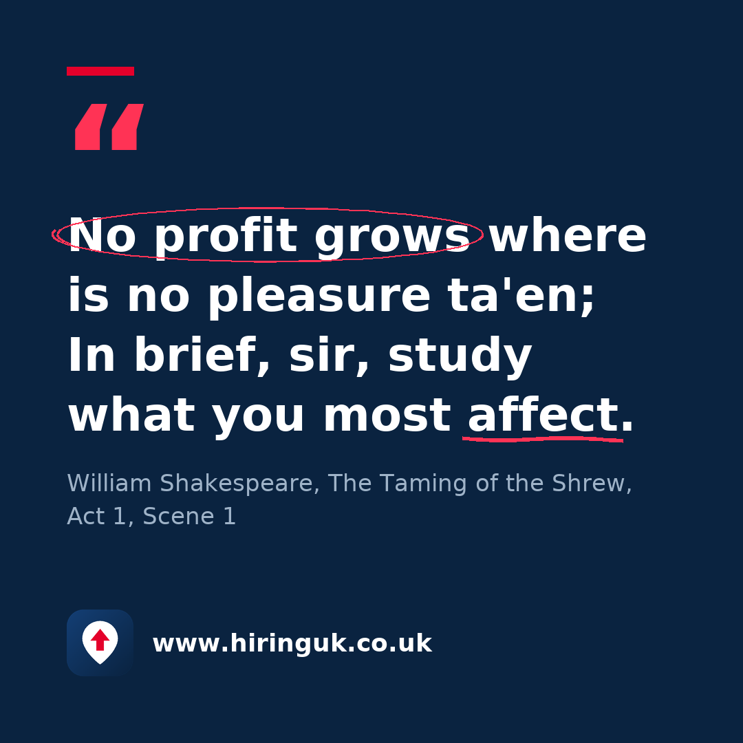 Quote card: No profit grows where is no pleasure ta'en; In brief, sir, study what you most affect.