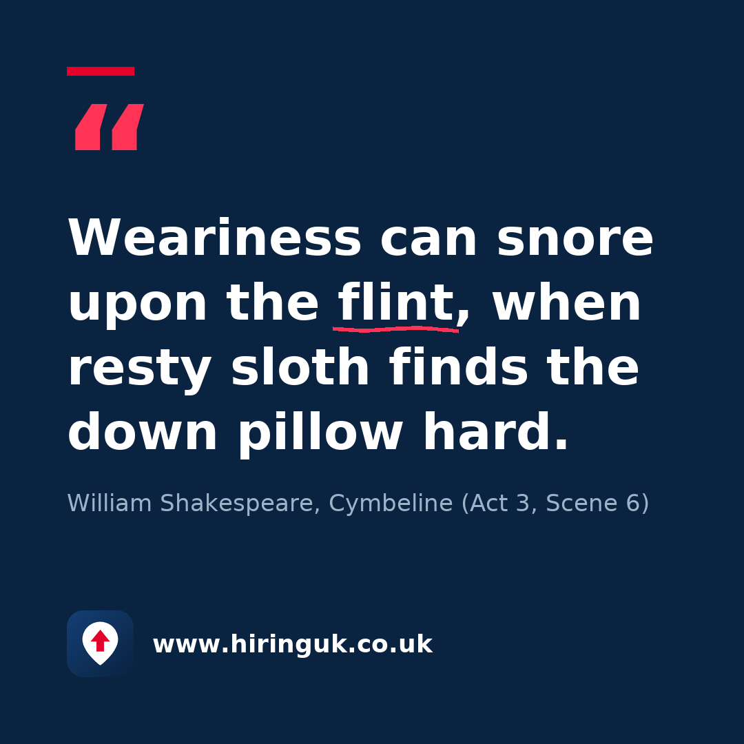 Quote card: Weariness can snore upon the flint, when resty sloth finds the down pillow hard.