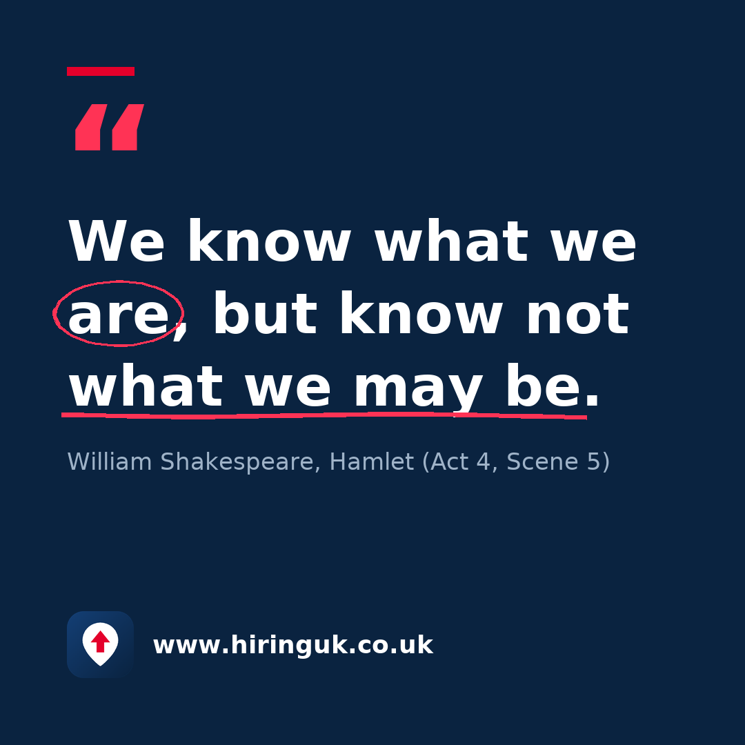 Quote card: We know what we are, but know not what we may be.