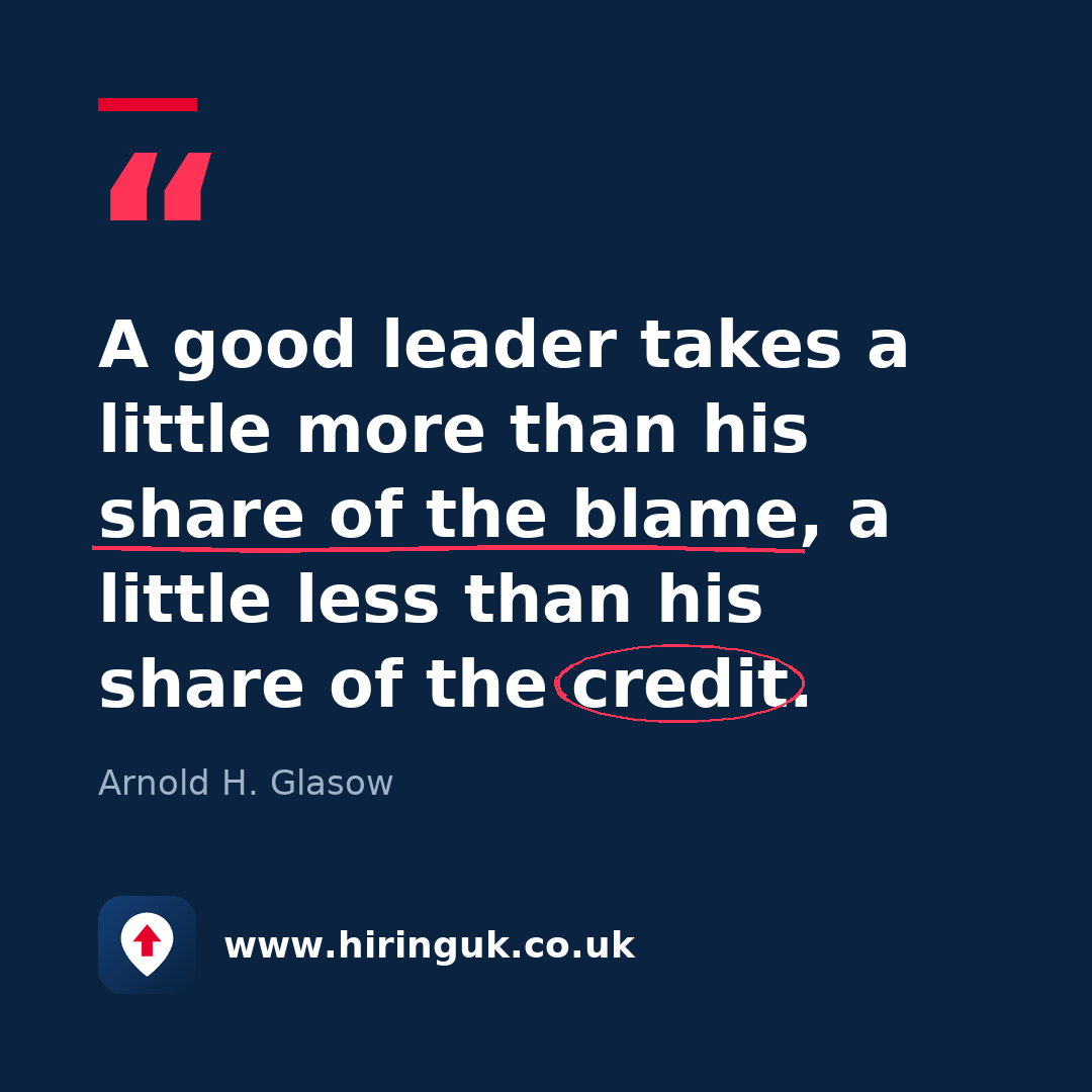 Quote card: A good leader takes a little more than his share of the blame, a little less than his share of the credit.