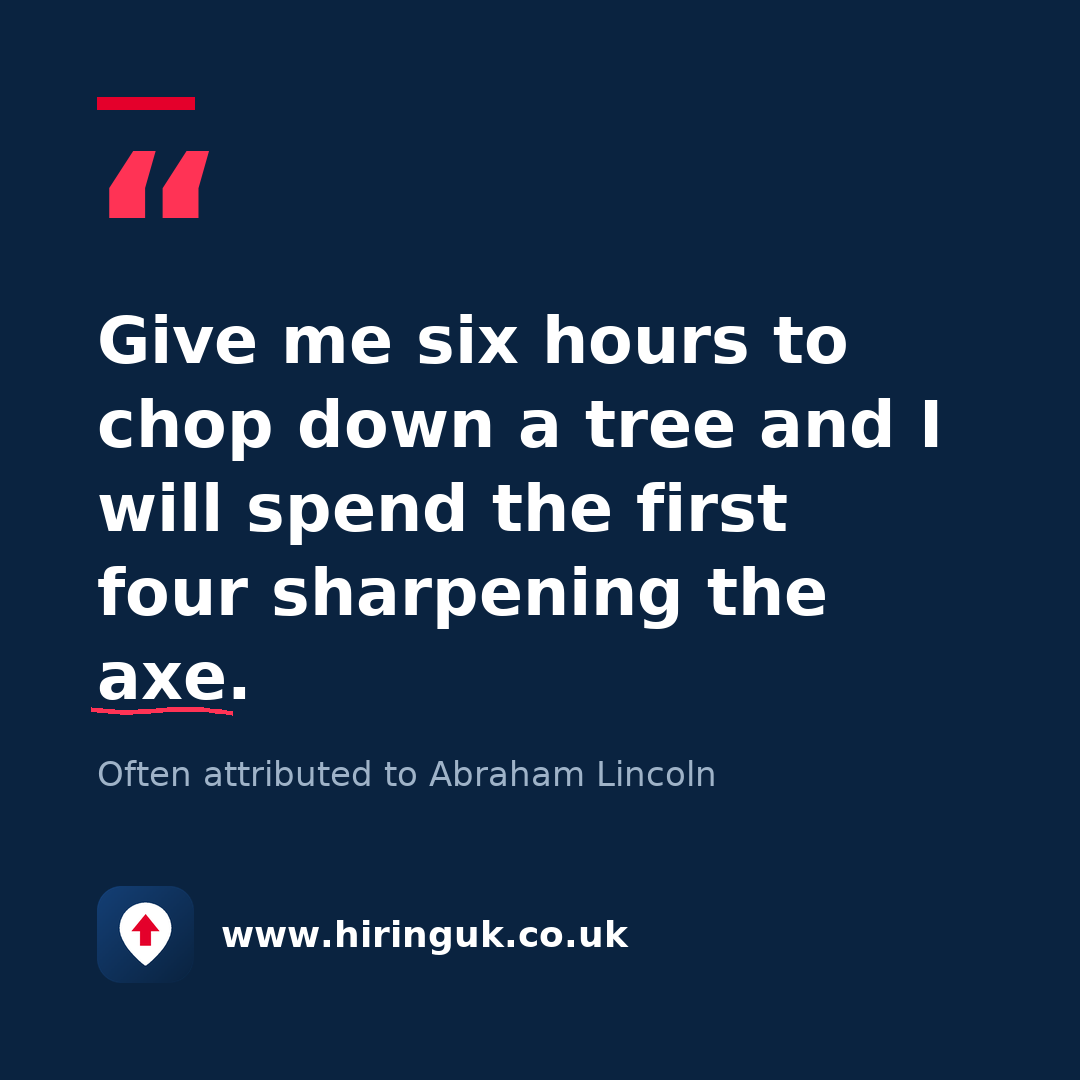 Quote card: Give me six hours to chop down a tree and I will spend the first four sharpening the axe.