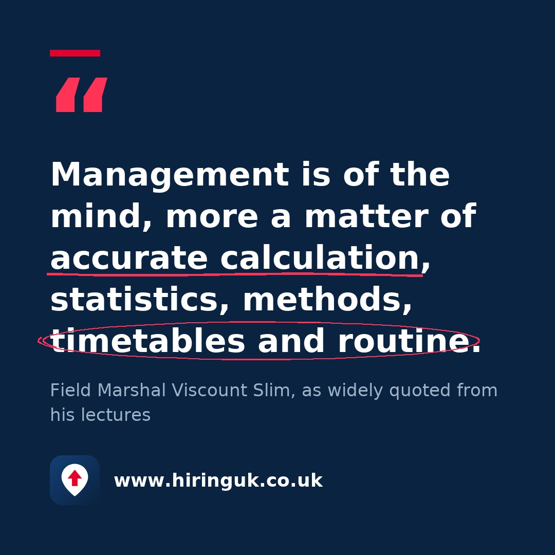 Quote card: Management is of the mind, more a matter of accurate calculation, statistics, methods, timetables and routine.