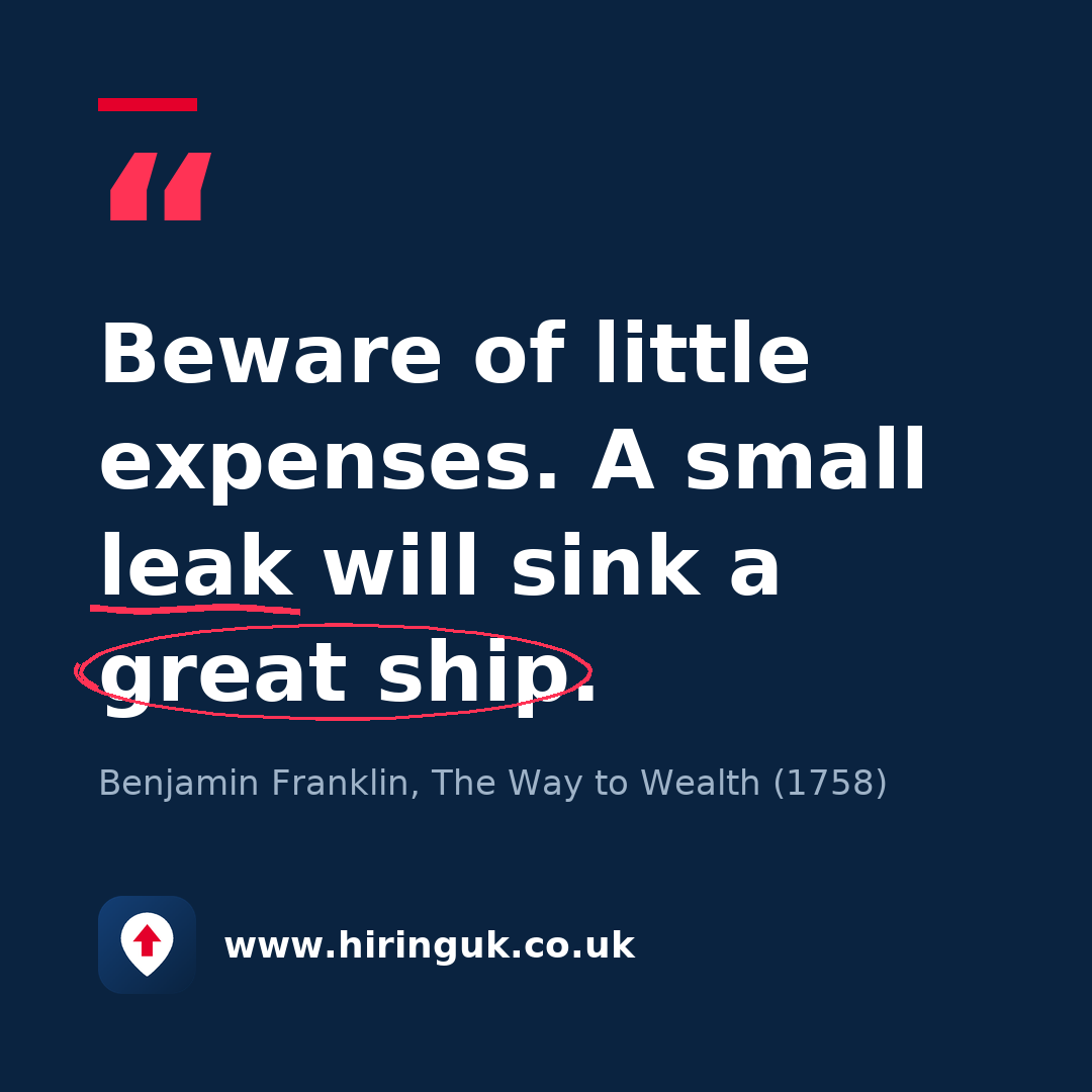 Quote card: Beware of little expenses. A small leak will sink a great ship.