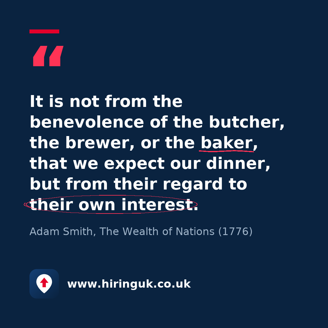Quote card: It is not from the benevolence of the butcher, the brewer, or the baker, that we expect our dinner, but from their regard to their own interest.