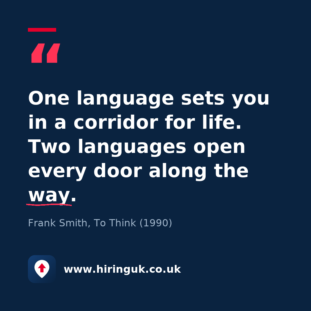 Quote card: One language sets you in a corridor for life. Two languages open every door along the way.
