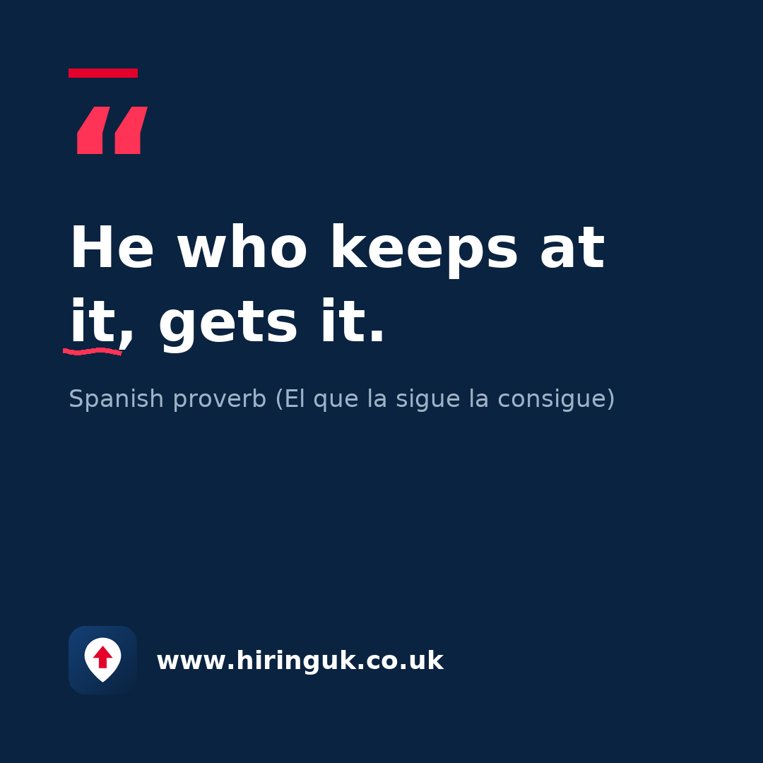 Quote card: He who keeps at it, gets it.