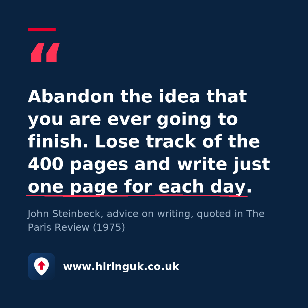 Quote card: Abandon the idea that you are ever going to finish. Lose track of the 400 pages and write just one page for each day.