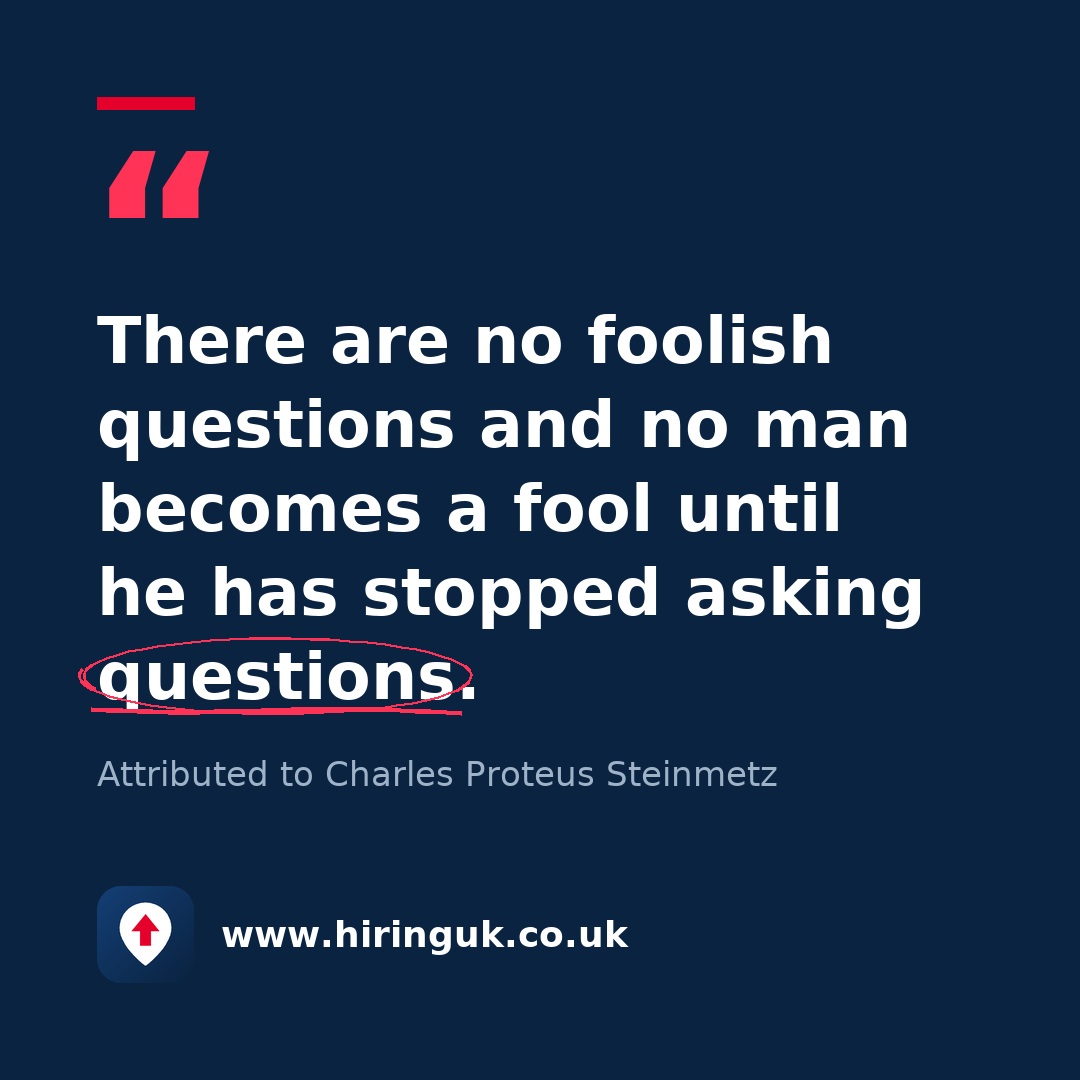 Quote card: There are no foolish questions and no man becomes a fool until he has stopped asking questions.