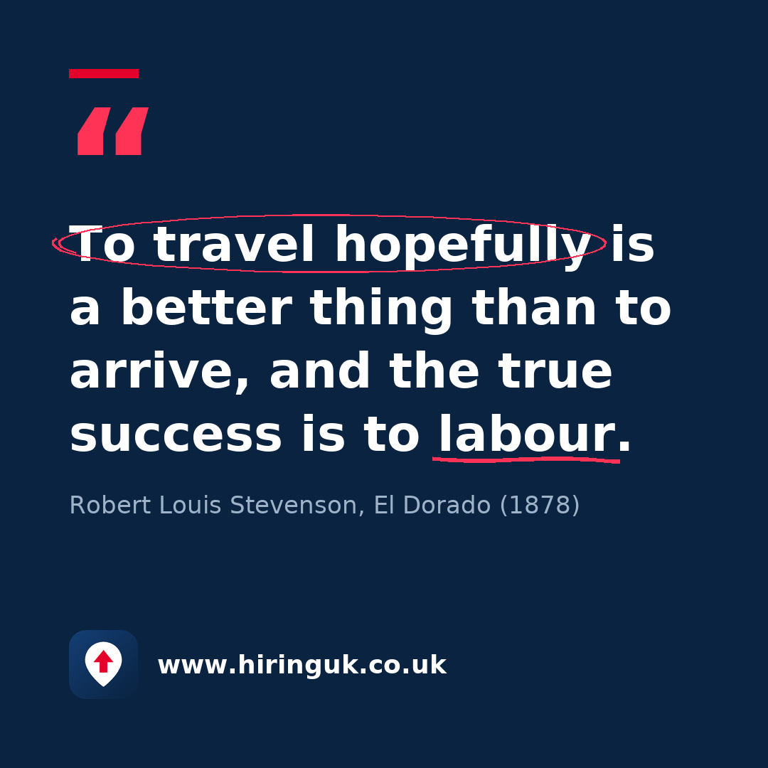Quote card: To travel hopefully is a better thing than to arrive, and the true success is to labour.
