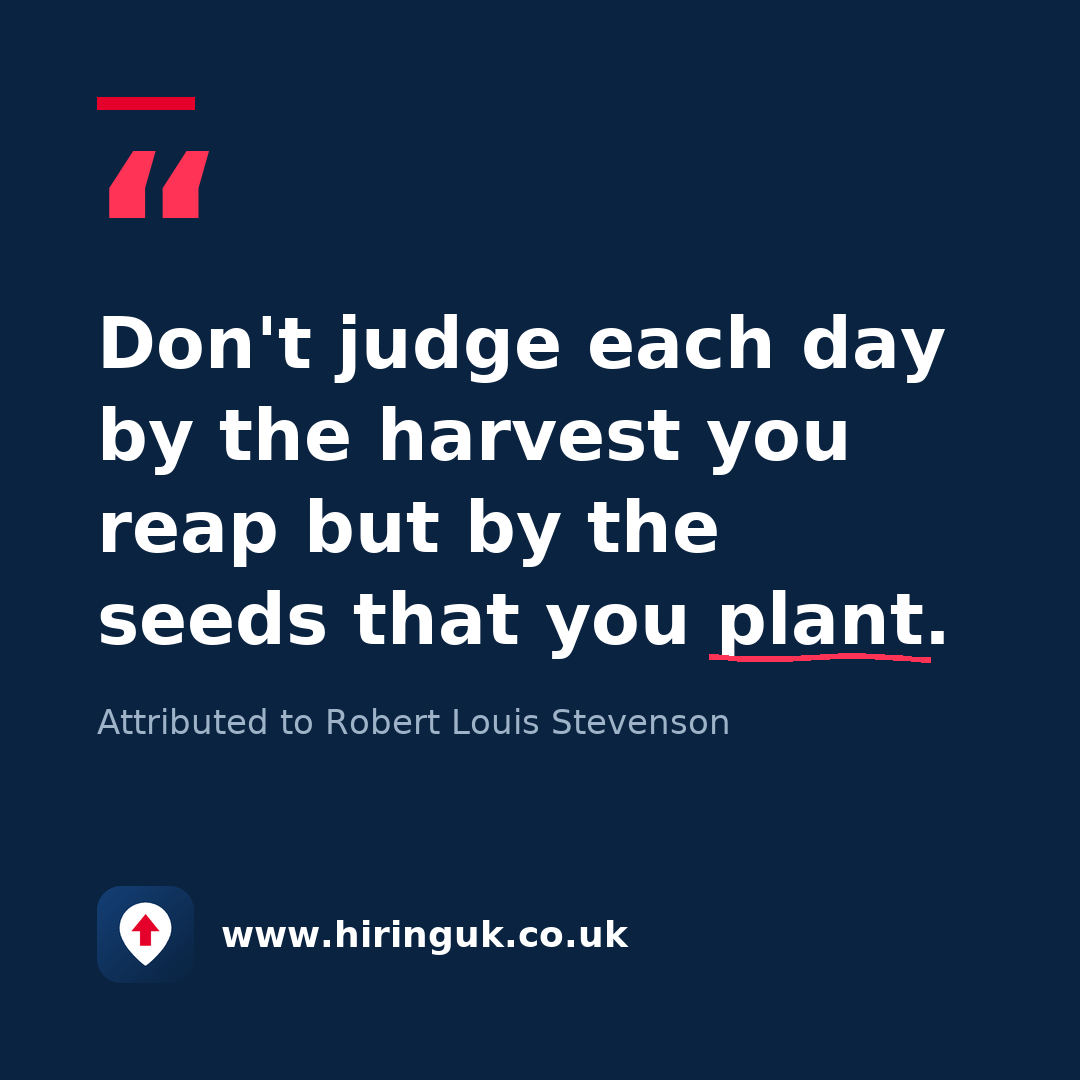 Quote card: Don't judge each day by the harvest you reap but by the seeds that you plant.