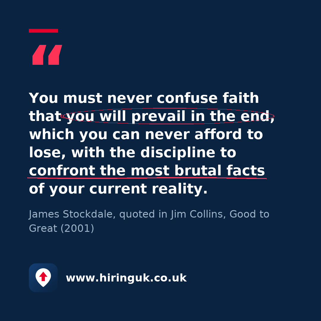 Quote card: You must never confuse faith that you will prevail in the end, which you can never afford to lose, with the discipline to confront the most brutal facts of your current reality.