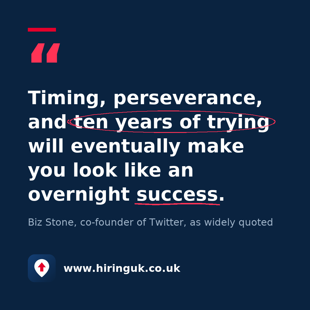 Quote card: Timing, perseverance, and ten years of trying will eventually make you look like an overnight success.