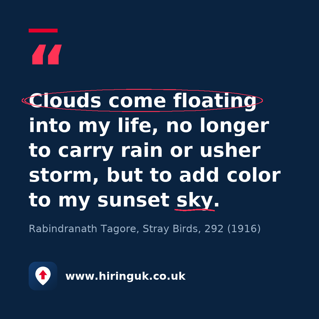 Quote card: Clouds come floating into my life, no longer to carry rain or usher storm, but to add color to my sunset sky.