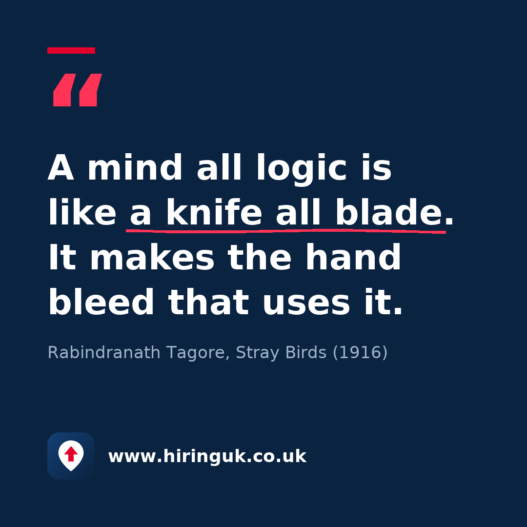 Quote card: A mind all logic is like a knife all blade. It makes the hand bleed that uses it.