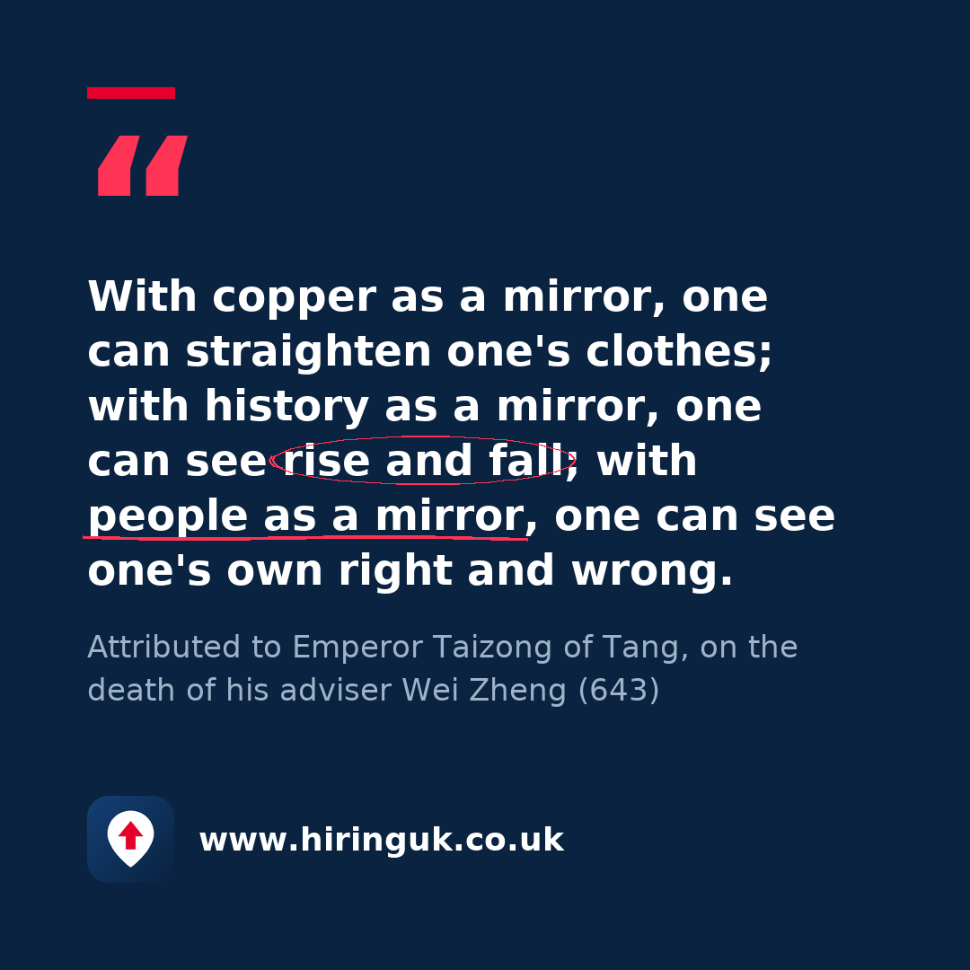Quote card: With copper as a mirror, one can straighten one's clothes; with history as a mirror, one can see rise and fall; with people as a mirror, one can see one's own right and wrong.