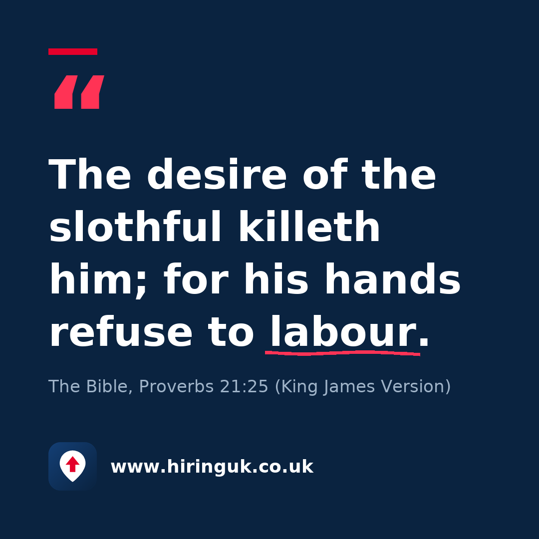 Quote card: The desire of the slothful killeth him; for his hands refuse to labour.