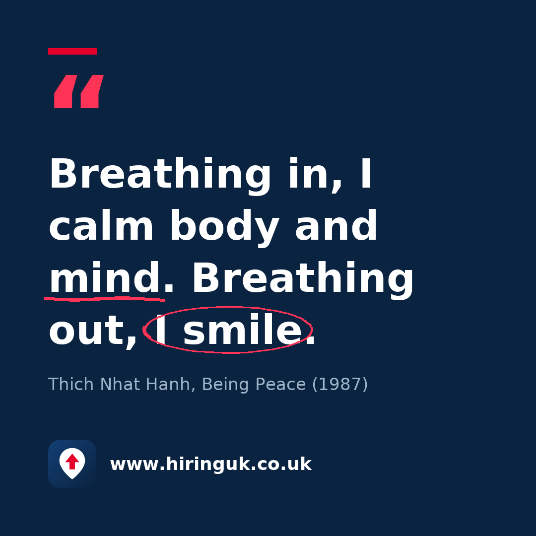 Quote card: Breathing in, I calm body and mind. Breathing out, I smile.