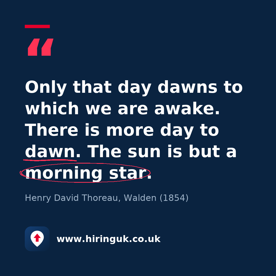 Quote card: Only that day dawns to which we are awake. There is more day to dawn. The sun is but a morning star.