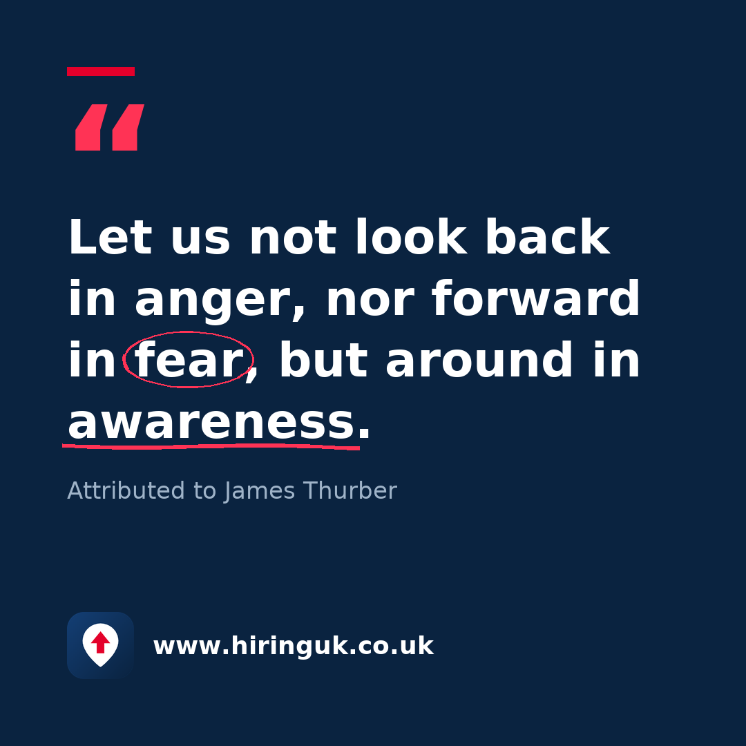 Quote card: Let us not look back in anger, nor forward in fear, but around in awareness.